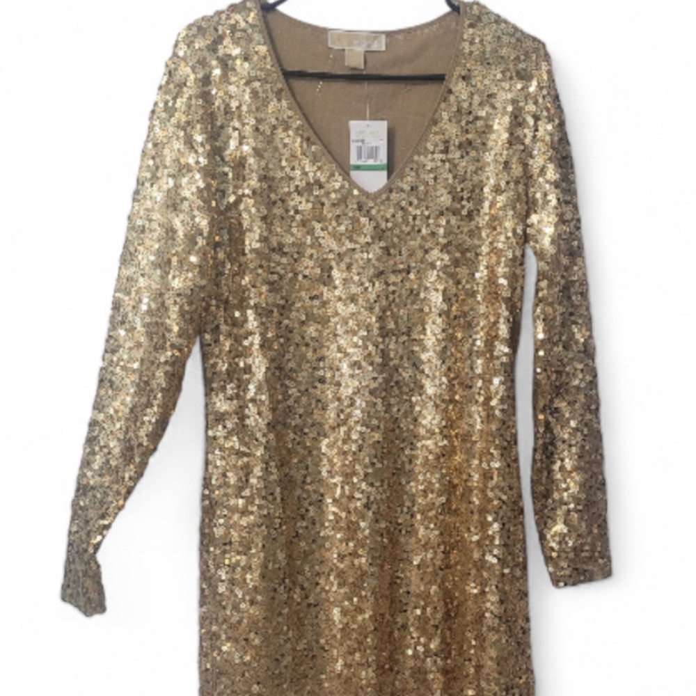 MICHAEL KORS Gold Sequins V Neck Dress